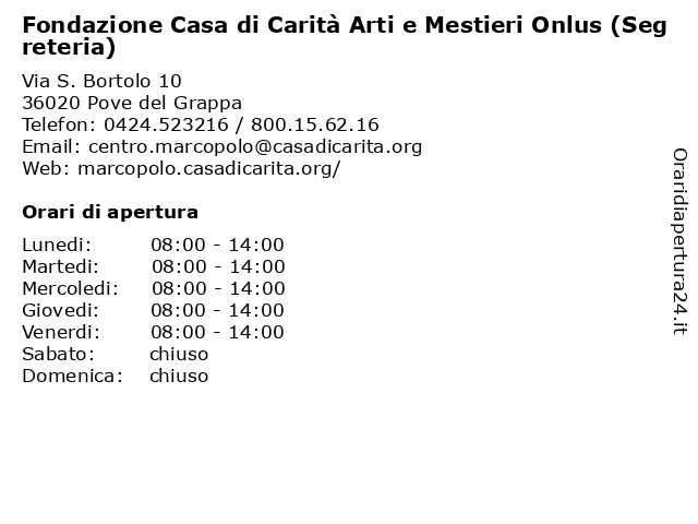 Orari di apertura Fondazione Casa di Carit Arti e Mestieri